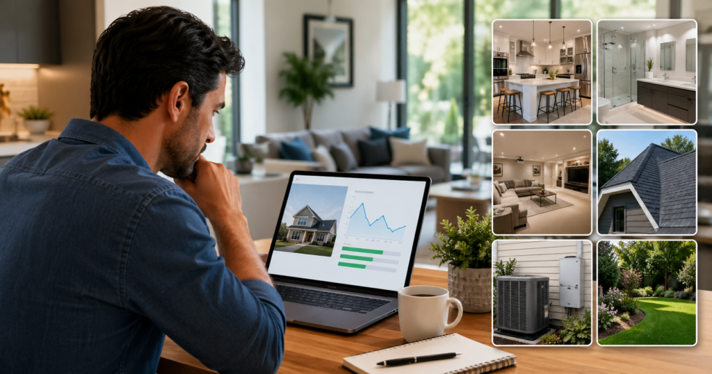 Homeowner reviewing an online home value while considering updates such as kitchen, bathroom, basement, roof, mechanical systems, and landscaping.