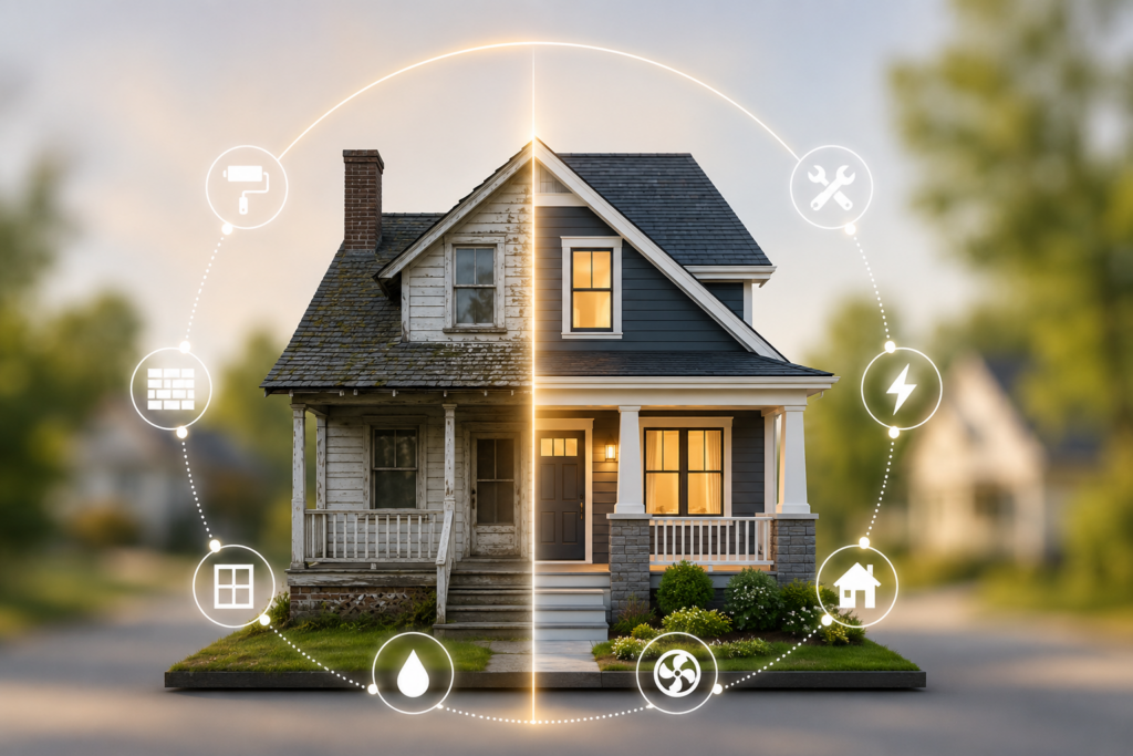 Older home transformed through updates and renovations showing how condition and maintenance impact home value.